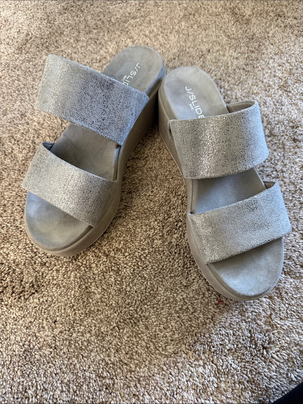 J/SLIDES Metallic Silver Double-Strap Wedge Mules